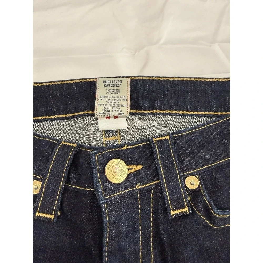Women's True Religion High-Rise Bootcut Dark Wash Flap Pocket Thick Stitch Sz 32